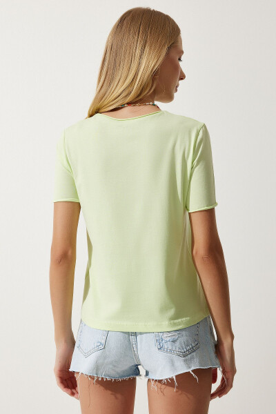 Women's Light Green Crew Neck Basic Knit T-Shirt UB00229 - 5