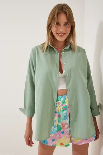 Women's Light Green Oversize Long Basic Shirt DD00842-Light Green 