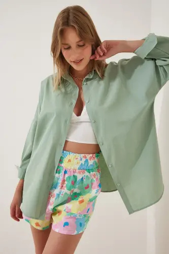 Women's Light Green Oversize Long Basic Shirt DD00842-Light Green - 2
