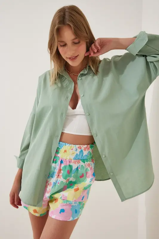 Women's Light Green Oversize Long Basic Shirt DD00842-Light Green - 2