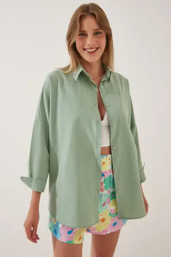 Women's Light Green Oversize Long Basic Shirt DD00842-Light Green - 3