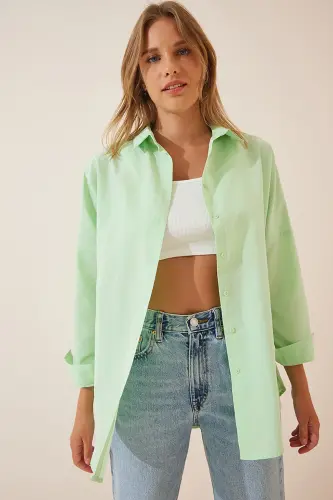 Women's Light Green Oversize Long Basic Shirt DD00842 - Light Green - 5