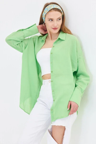 Women's Light Green Oversized Textured Linen Look Wide Cuff Shirt Arm-24k001001 - ARMONIKA