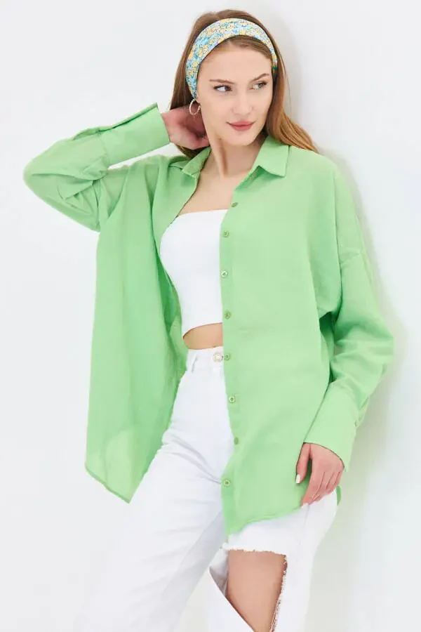 Women's Light Green Oversized Textured Linen Look Wide Cuff Shirt Arm-24k001001 - 1
