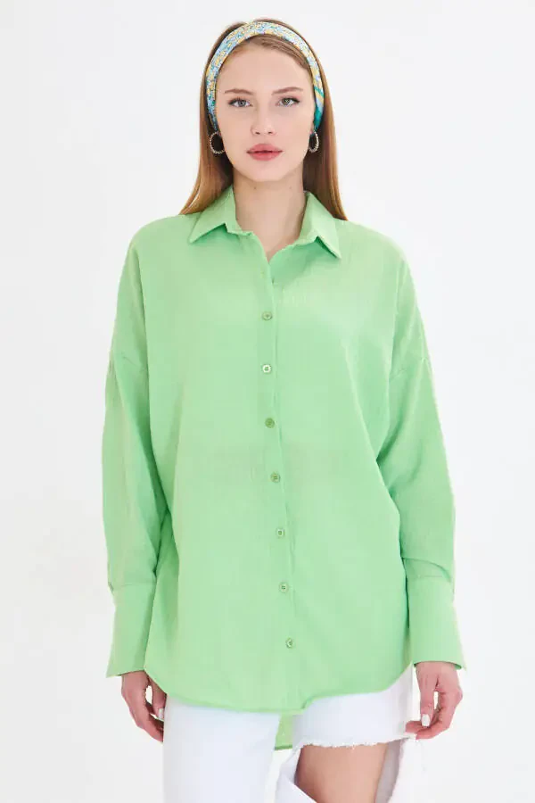 Women's Light Green Oversized Textured Linen Look Wide Cuff Shirt Arm-24k001001 - 2