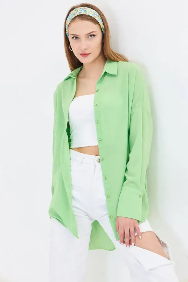 Women's Light Green Oversized Textured Linen Look Wide Cuff Shirt Arm-24k001001 - 3
