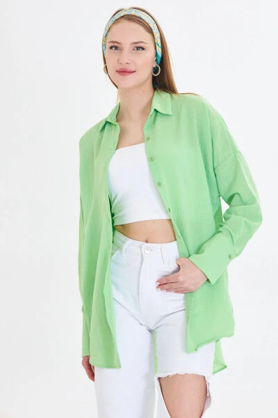Women's Light Green Oversized Textured Linen Look Wide Cuff Shirt Arm-24k001001 - 4