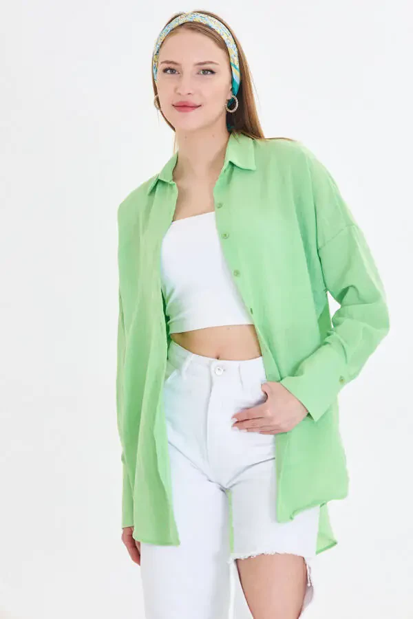 Women's Light Green Oversized Textured Linen Look Wide Cuff Shirt Arm-24k001001 - 4
