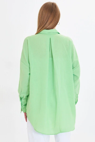 Women's Light Green Oversized Textured Linen Look Wide Cuff Shirt Arm-24k001001 - 5