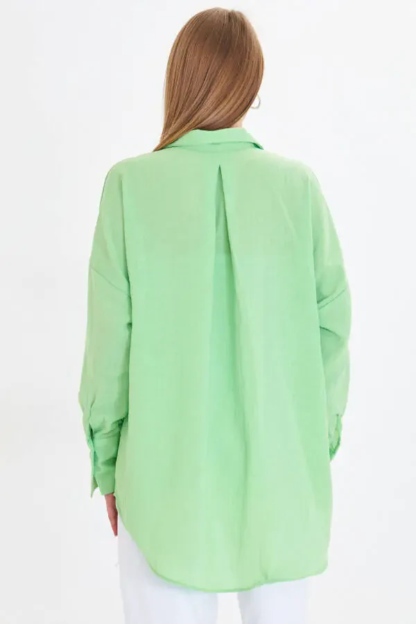Women's Light Green Oversized Textured Linen Look Wide Cuff Shirt Arm-24k001001 - 5