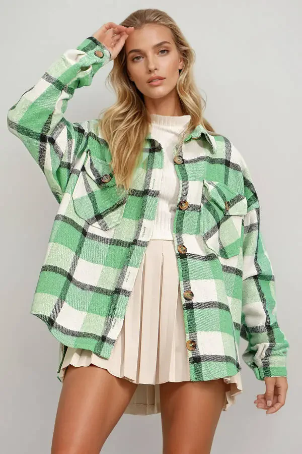 Women's Light Green Plaid Wool Cotton Oversize Safari Jacket Shirt ALC-X7142 - 6