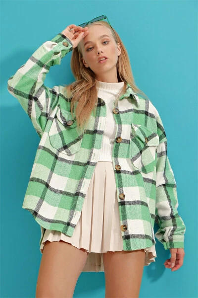 Women's Light Green Plaid Wool Cotton Oversize Safari Jacket Shirt ALC-X7142 - TREND ALAÇATI STILI (1)