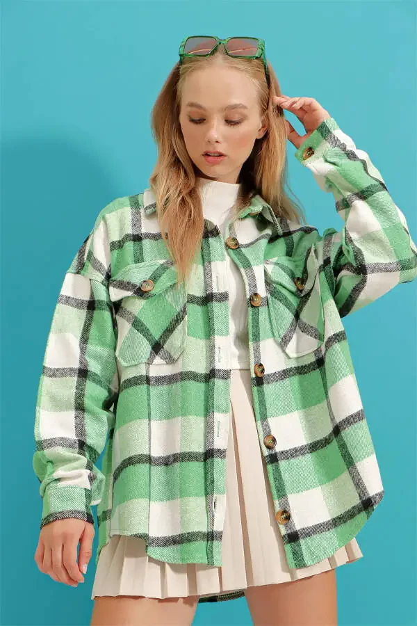 Women's Light Green Plaid Wool Cotton Oversize Safari Jacket Shirt ALC-X7142 - 3