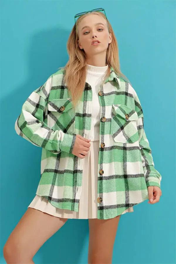 Women's Light Green Plaid Wool Cotton Oversize Safari Jacket Shirt ALC-X7142 - 4