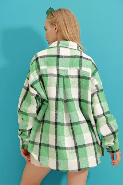 Women's Light Green Plaid Wool Cotton Oversize Safari Jacket Shirt ALC-X7142 - 5
