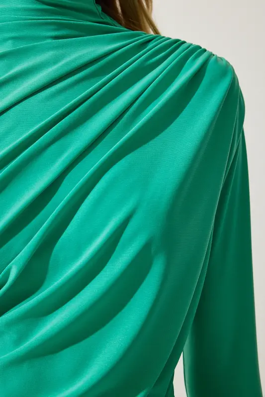 Women's Light Green Shirred Detailed Stand-up Collar Sandy Blouse FF00135-Light Green - 4