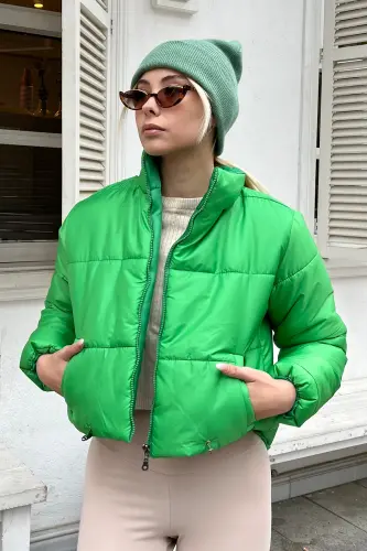 Women's Light Green Stand-up Collar Double Pocket Elastic Waist Padded Puffer Coat ALC-X7684-LIGHT GREEN - 1