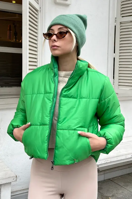 Women's Light Green Stand-up Collar Double Pocket Elastic Waist Padded Puffer Coat ALC-X7684-LIGHT GREEN - TREND ALAÇATI STILI