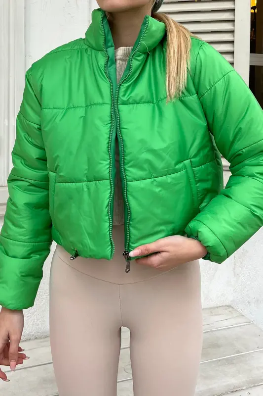 Women's Light Green Stand-up Collar Double Pocket Elastic Waist Padded Puffer Coat ALC-X7684-LIGHT GREEN - 2