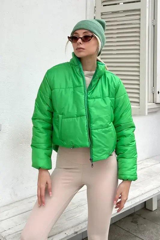 Women's Light Green Stand-up Collar Double Pocket Elastic Waist Padded Puffer Coat ALC-X7684-LIGHT GREEN - 3