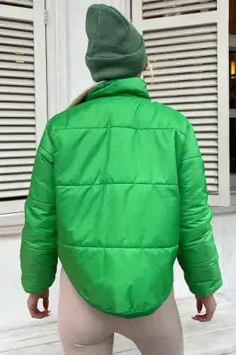 Women's Light Green Stand-up Collar Double Pocket Elastic Waist Padded Puffer Coat ALC-X7684-LIGHT GREEN - 4