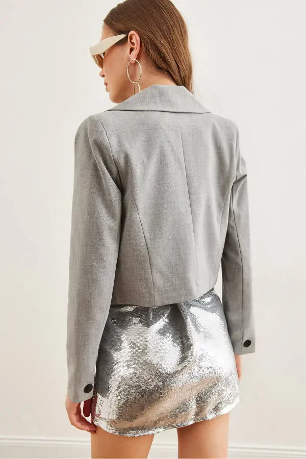 Women's Light Grey Lined Premium Polyviscose Crop Blazer Jacket CKT-19000394 - 8