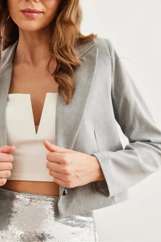 Women's Light Grey Lined Premium Polyviscose Crop Blazer Jacket CKT-19000394 - 4