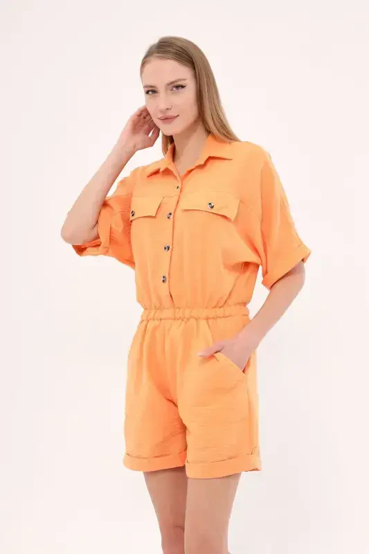 Women's Light Orange Batwing Sleeve Pocketed Elastic Waist Shorts Jumpsuit ARM-23Y001075-Light Orange - ARMONIKA