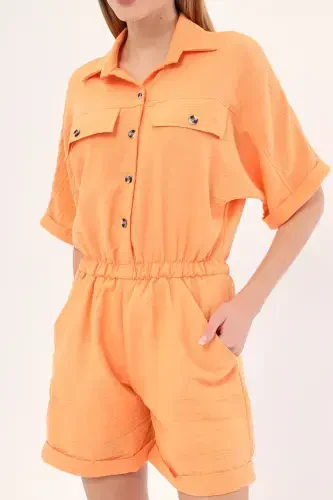 Women's Light Orange Batwing Sleeve Pocketed Elastic Waist Shorts Jumpsuit ARM-23Y001075-Light Orange - 2