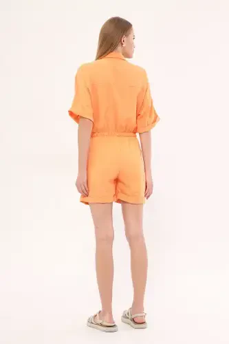 Women's Light Orange Batwing Sleeve Pocketed Elastic Waist Shorts Jumpsuit ARM-23Y001075-Light Orange - 4