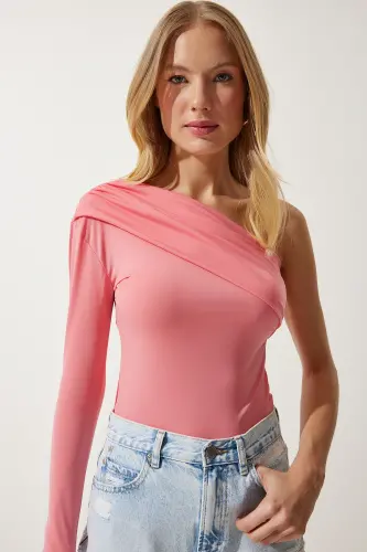 Women's Light Pink One Shoulder Ruched Detail Knitted Blouse ZH00032-Light Pink - 2