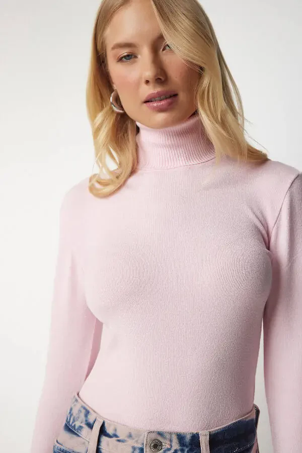 Women's Light Pink Turtleneck Ribbed Knit Sweater - 2