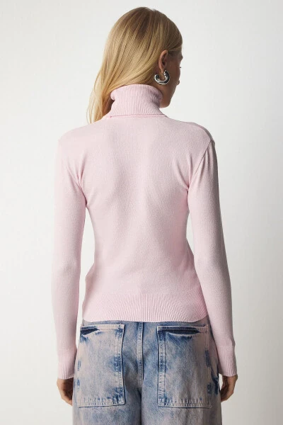 Women's Light Pink Turtleneck Ribbed Knit Sweater - 7