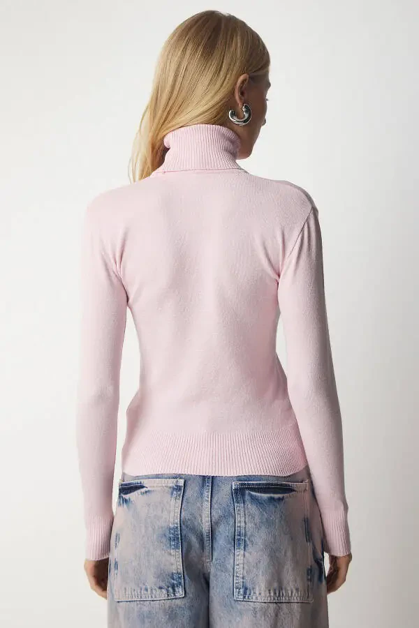 Women's Light Pink Turtleneck Ribbed Knit Sweater - 7