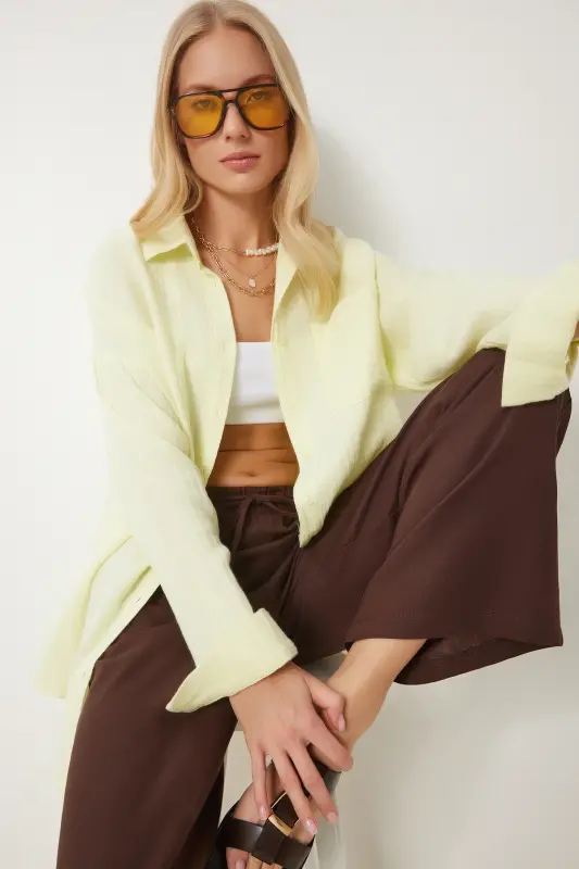 Women's Light Yellow Oversize Basic Muslin Shirt MX00150 - Light Yellow - HAPPINESS İSTANBUL