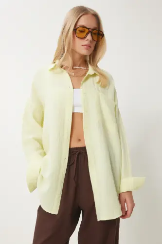 Women's Light Yellow Oversize Basic Muslin Shirt MX00150 - Light Yellow - HAPPINESS İSTANBUL (1)