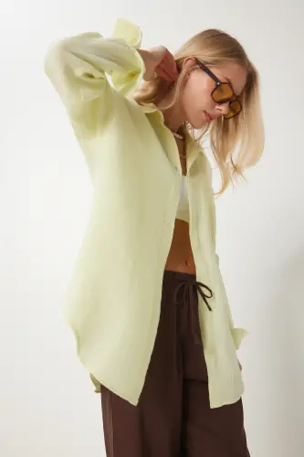 Women's Light Yellow Oversize Basic Muslin Shirt MX00150 - Light Yellow - 3