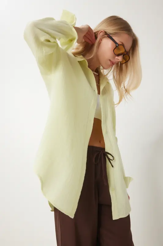 Women's Light Yellow Oversize Basic Muslin Shirt MX00150 - Light Yellow - 3