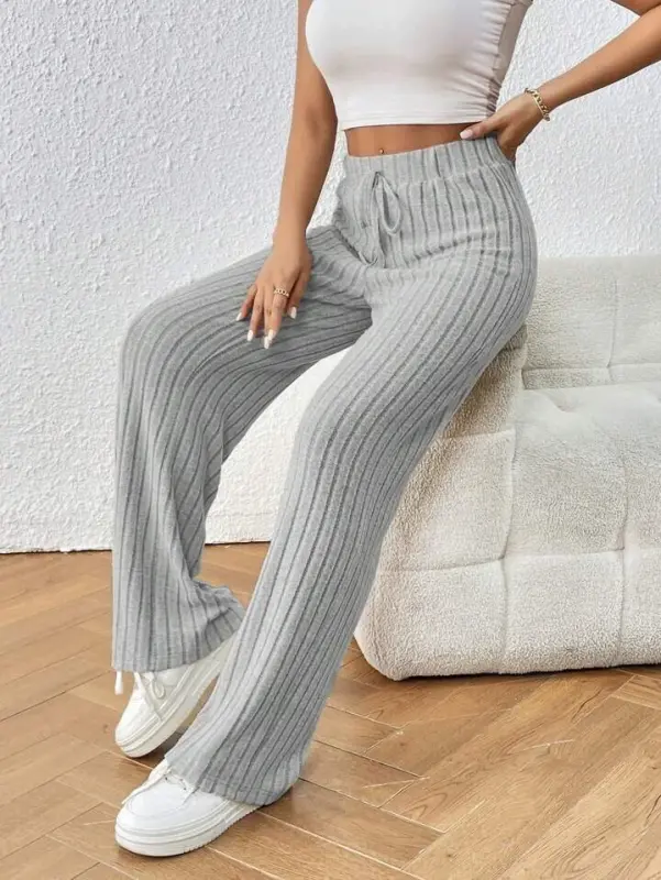 Women's Lightly Napped Full Lycra Ribbed Rib Knit Fabric Wide Leg Pants - 1