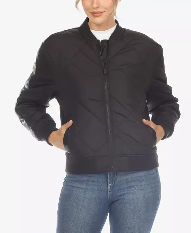 Women's Lightweight Diamond Quilted Puffer Bomber Jacket-Black - 1