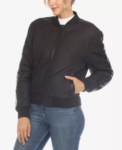Women's Lightweight Diamond Quilted Puffer Bomber Jacket-Black - 3