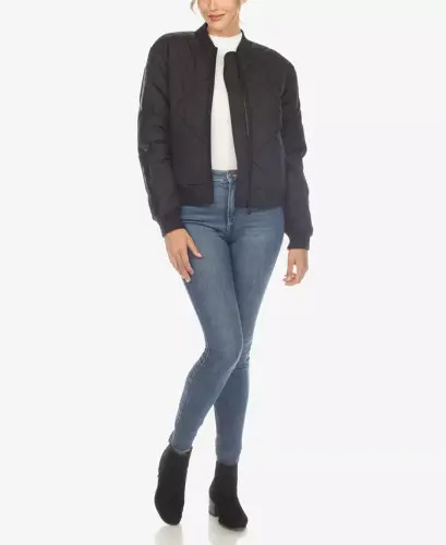 Women's Lightweight Diamond Quilted Puffer Bomber Jacket-Black - 5