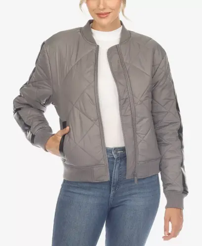 Women's Lightweight Diamond Quilted Puffer Bomber Jacket-Gray 