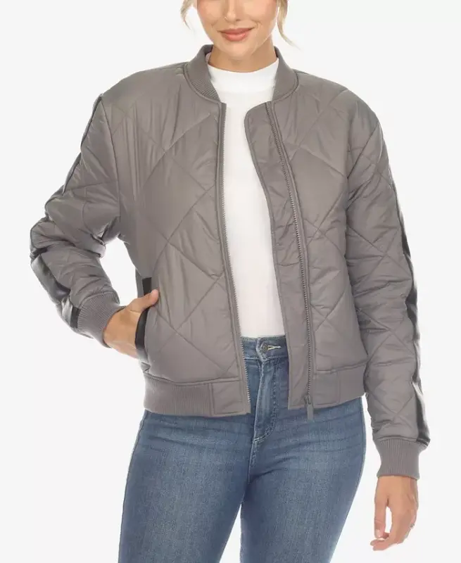Women's Lightweight Diamond Quilted Puffer Bomber Jacket-Gray - 1