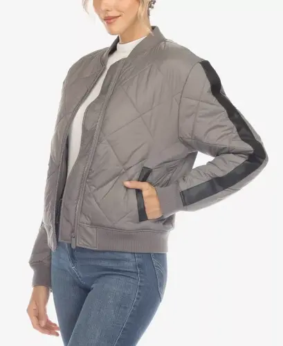 Women's Lightweight Diamond Quilted Puffer Bomber Jacket-Gray - 3