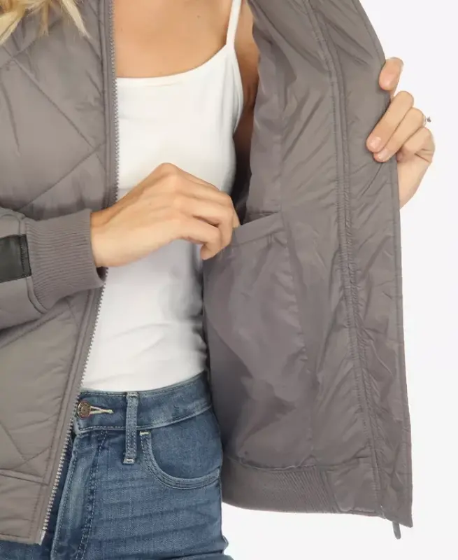 Women's Lightweight Diamond Quilted Puffer Bomber Jacket-Gray - 6