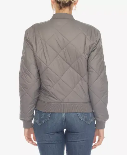 Women's Lightweight Diamond Quilted Puffer Bomber Jacket-Gray - WHITE MARK (1)