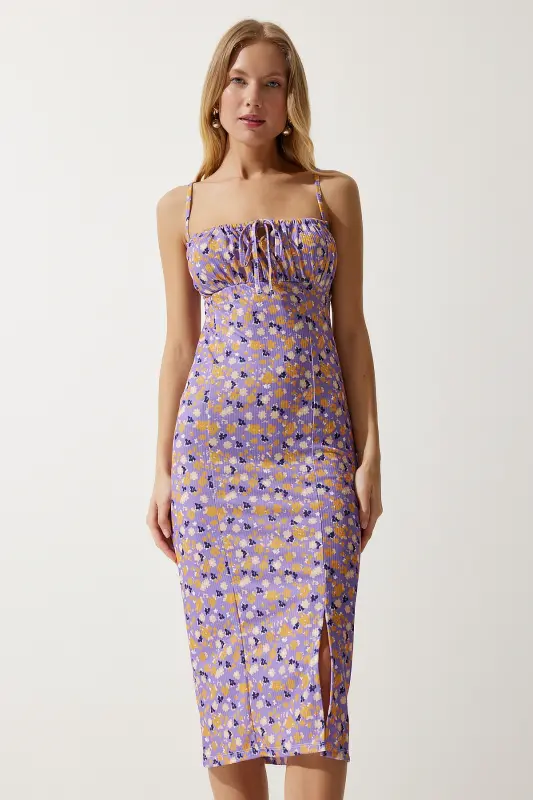 Women's Lila Orange Floral Slit Summer Knitted Dress CI00029-Lila Orange - 2