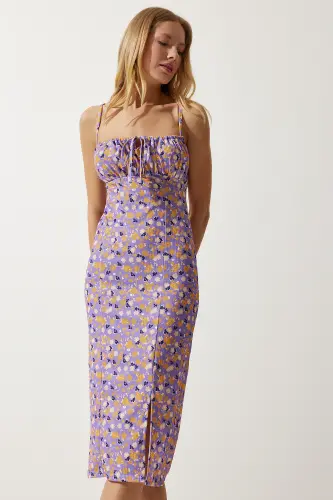 Women's Lila Orange Floral Slit Summer Knitted Dress CI00029-Lila Orange - 3