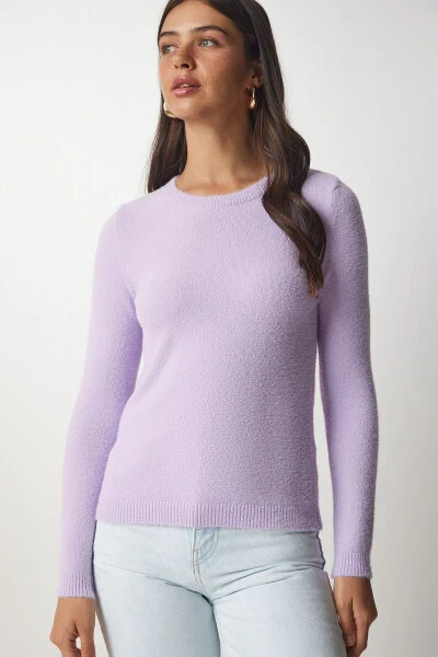 Women's Lilac Bearded Basic Knit Sweater MX00116-Lilac - 4